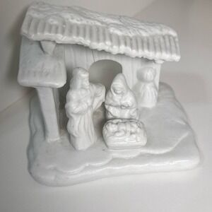 Vintage White Ceramic Nativity Scene Figurine Holy Family Manger Stable Decor